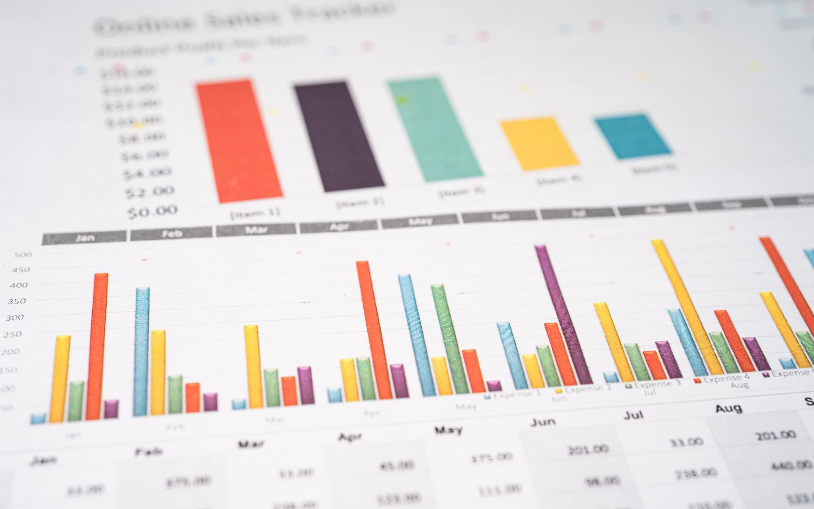 A close-up of printed column charts and a data table